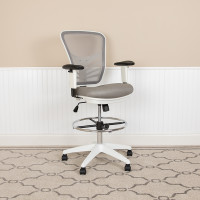 Flash Furniture HL-0001-1CWHITE-LTGY-GG Mid-Back Light Gray Mesh Ergonomic Drafting Chair with Adjustable Chrome Foot Ring, Adjustable Arms and White Frame